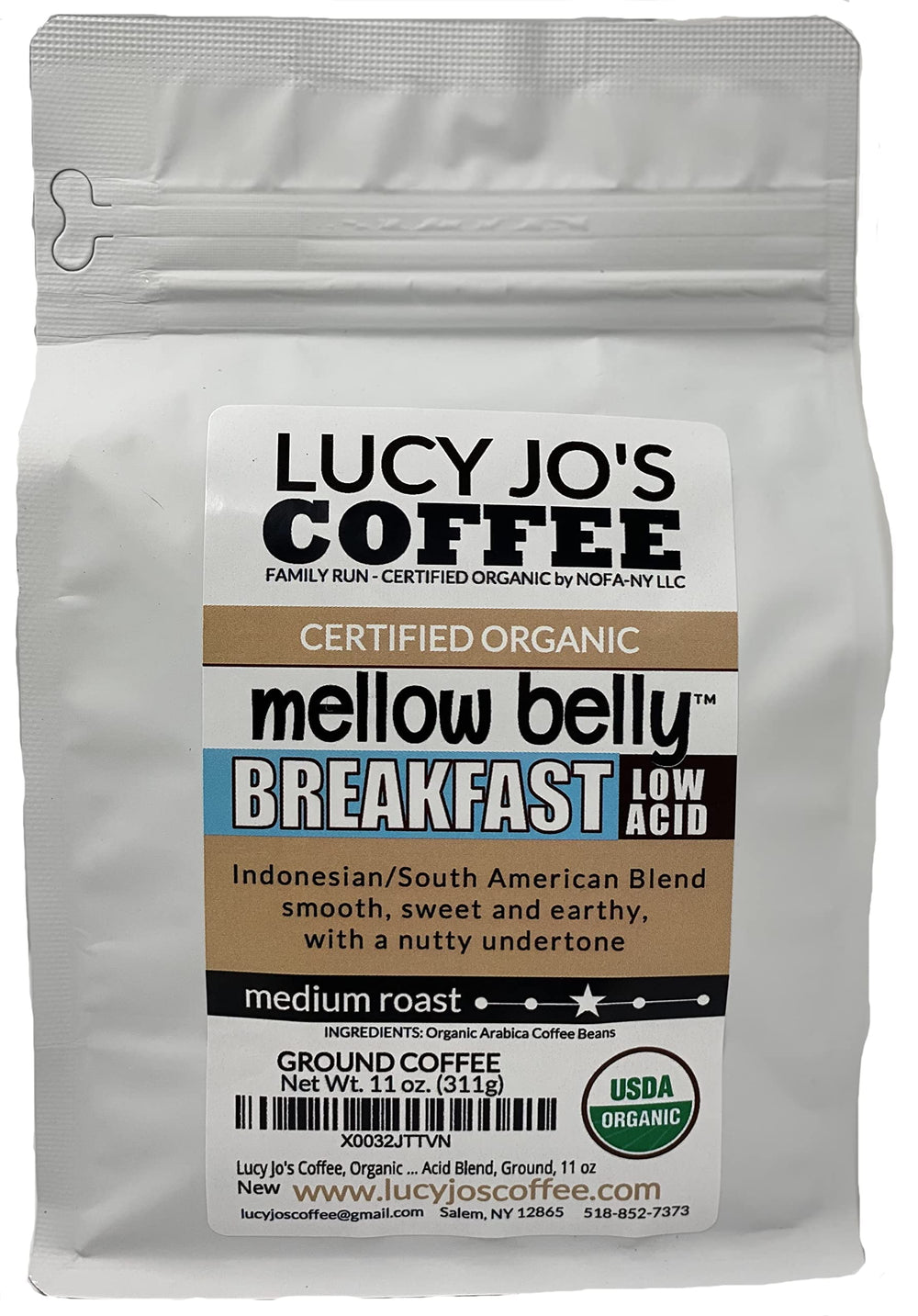 Lucy Jo's Coffee Mellow Belly Breakfast bag – low-acid blend for smooth, easy mornings.