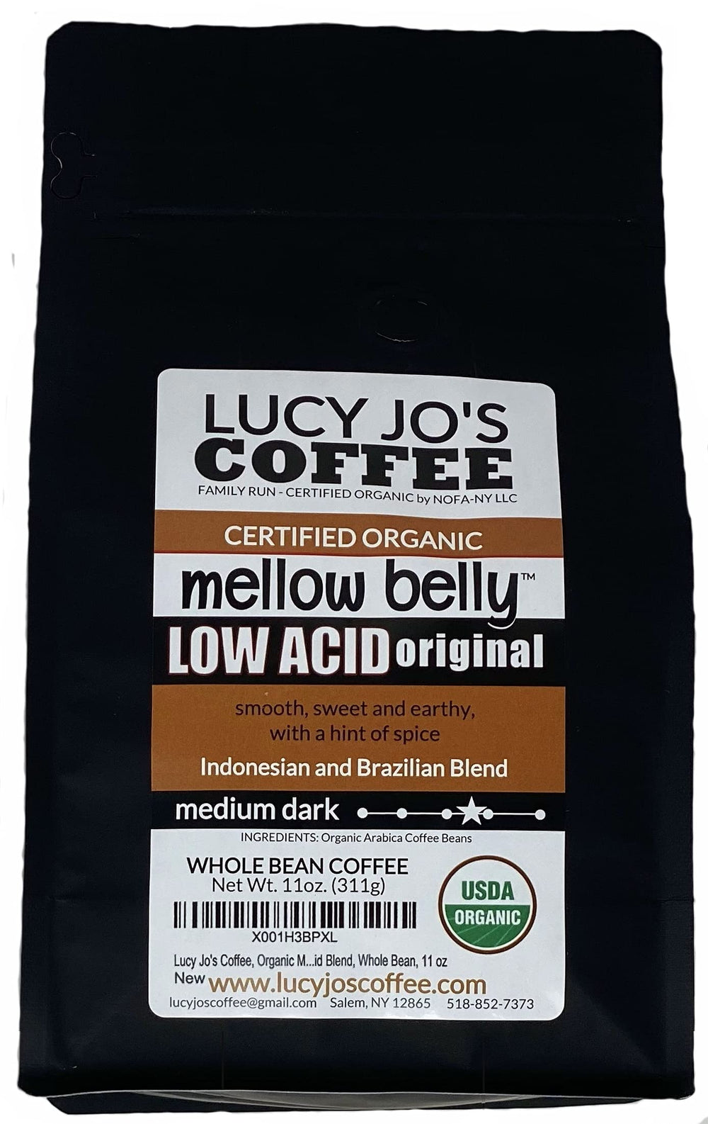 Lucy Jo's Coffee Mellow Belly low-acid bag, smooth and gentle on the stomach