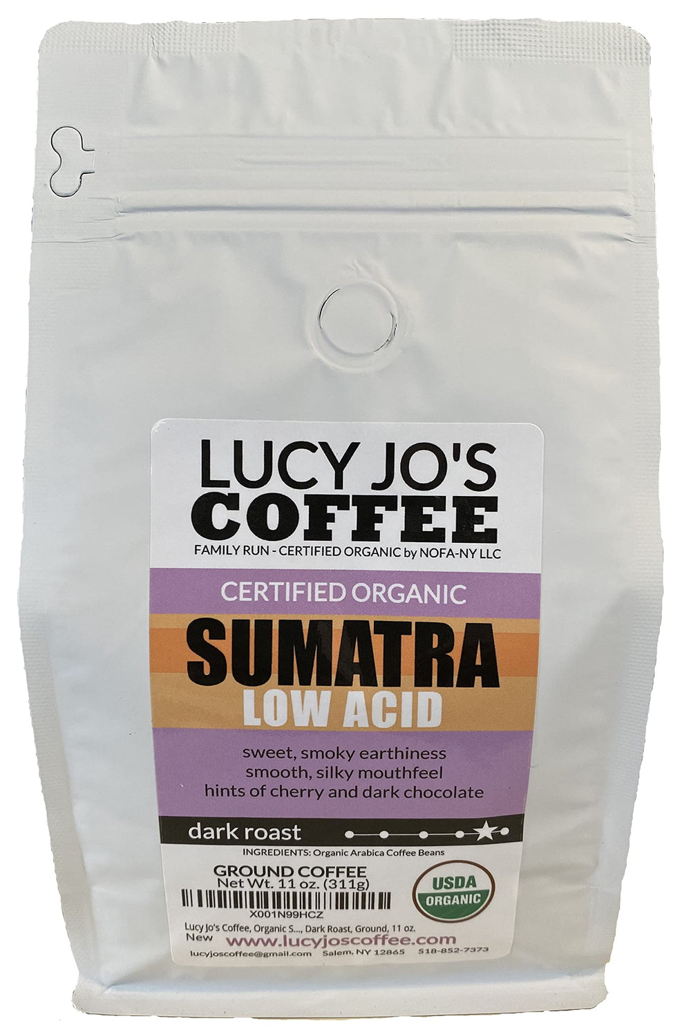Lucy Jo's Organic Sumatra low-acid ground coffee, smoky-earthy aroma for easy mornings.