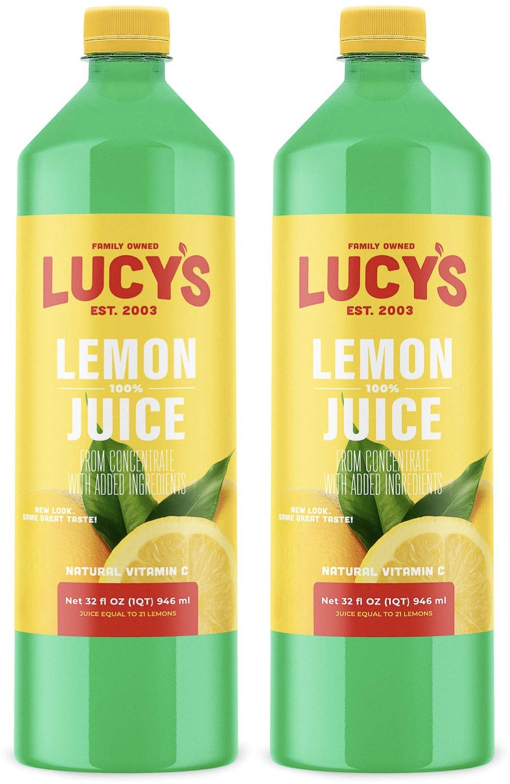 Lucy’s Lemon Juice 2-Pack bottles on shelf, convenient pantry staple.