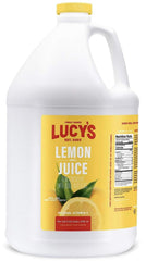 Lucys Lemon Juice gallon front bottle highlights bulk convenience for lemonade and cooking.