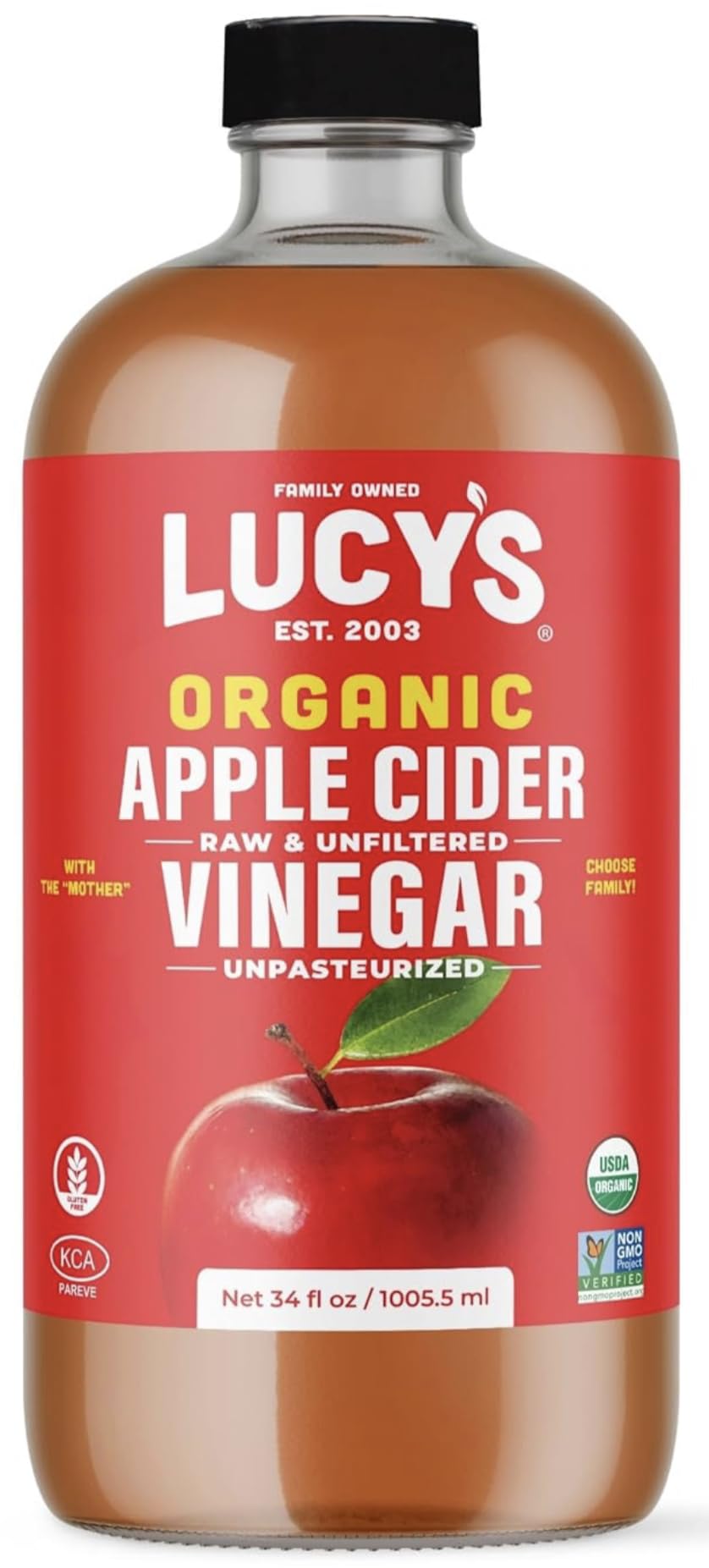 Lucy’s Organic Apple Cider Vinegar bottle ready for salads and beverages.