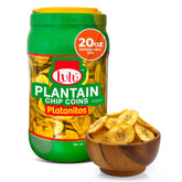 LULU Plantain Chip Coins in a jar close-up, crispy original flavor for convenient snacking.