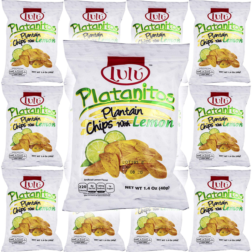 LULU Plantain Chips Lemon bag on display, gluten-free snack option.