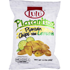LULU Platanitos Lemon Chips bag back view showing 24-pack per carton.
