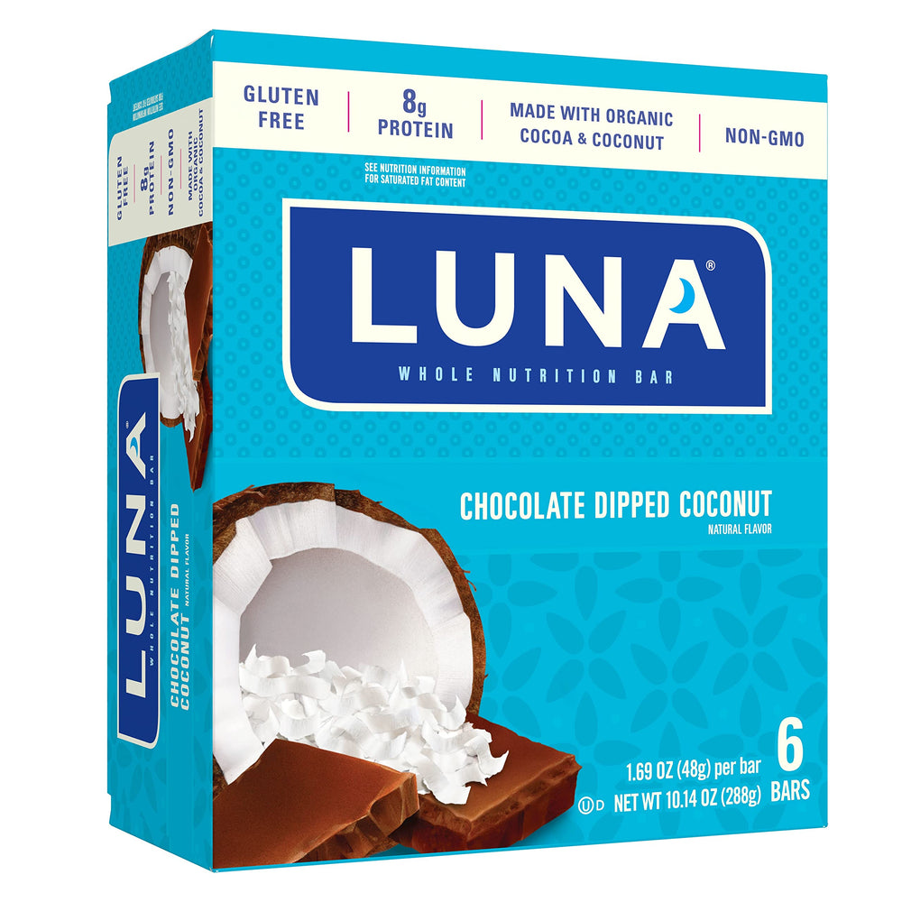 Luna Bar chocolate dipped coconut packaging highlights gluten-free, plant-based nutrition for on-the-go snacking.