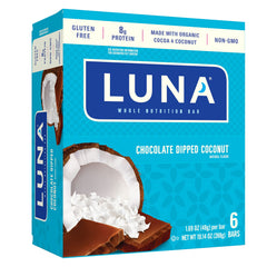 Luna Bar chocolate dipped coconut packaging highlights gluten-free, plant-based nutrition for on-the-go snacking.