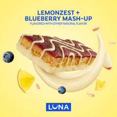 Luna Bar Mash-Ups LemonZest + Blueberry bar being opened reveals chewy texture