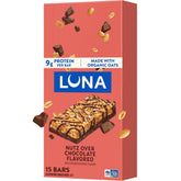 LUNA Nutz Over Chocolate packaging shown, convenient snack for busy days.