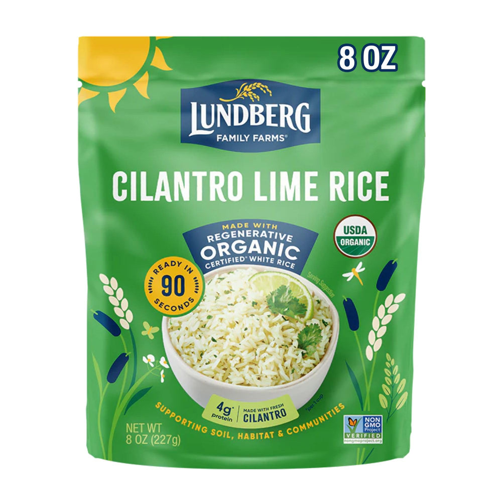 Lundberg Cilantro Lime Rice pack highlighting regenerative organic rice for quick meals.