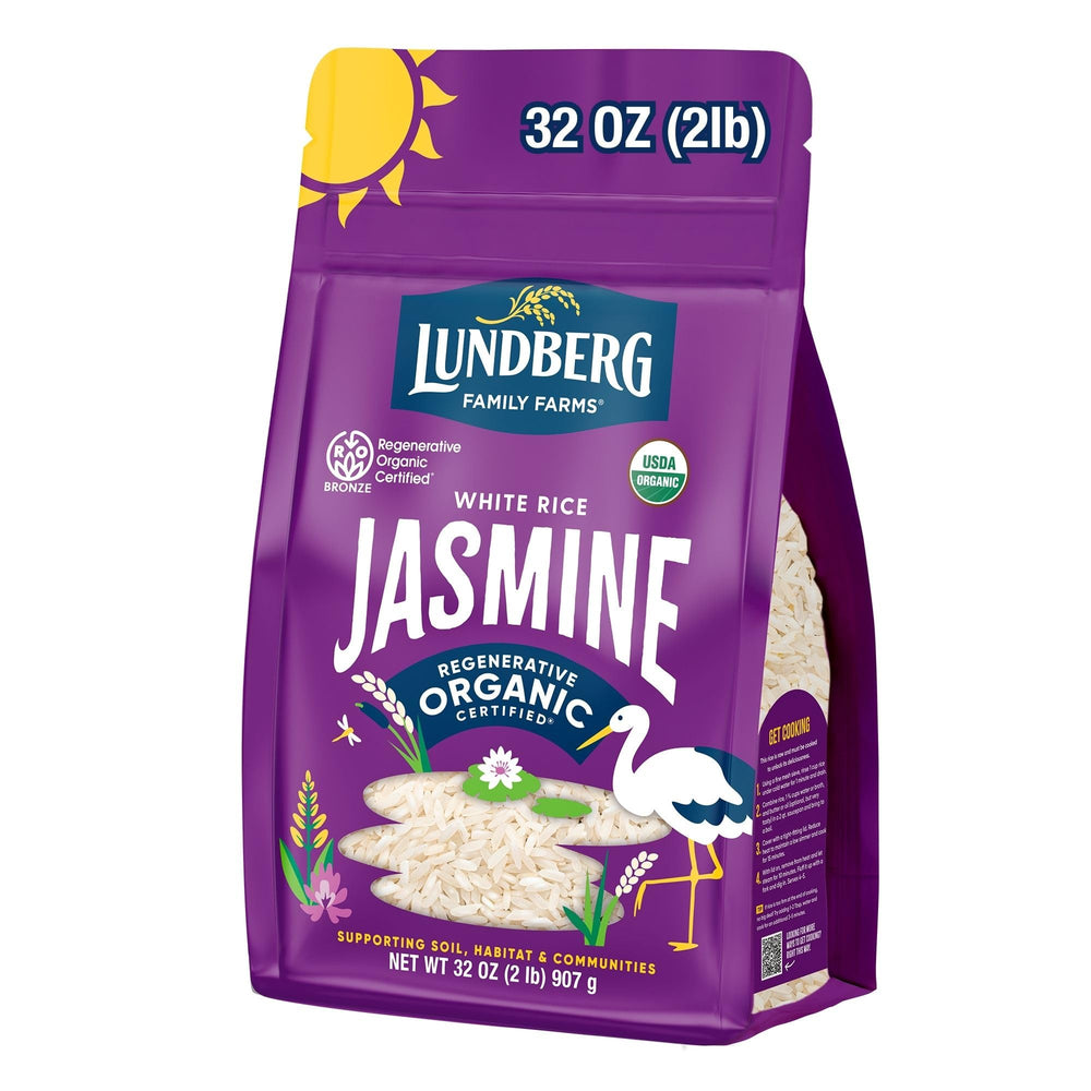 Lundberg jasmine rice packaging showcases eco-conscious farming and packaging.