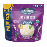 Lundberg regenerative jasmine rice packaging highlights sustainability and multiple organic certifications.