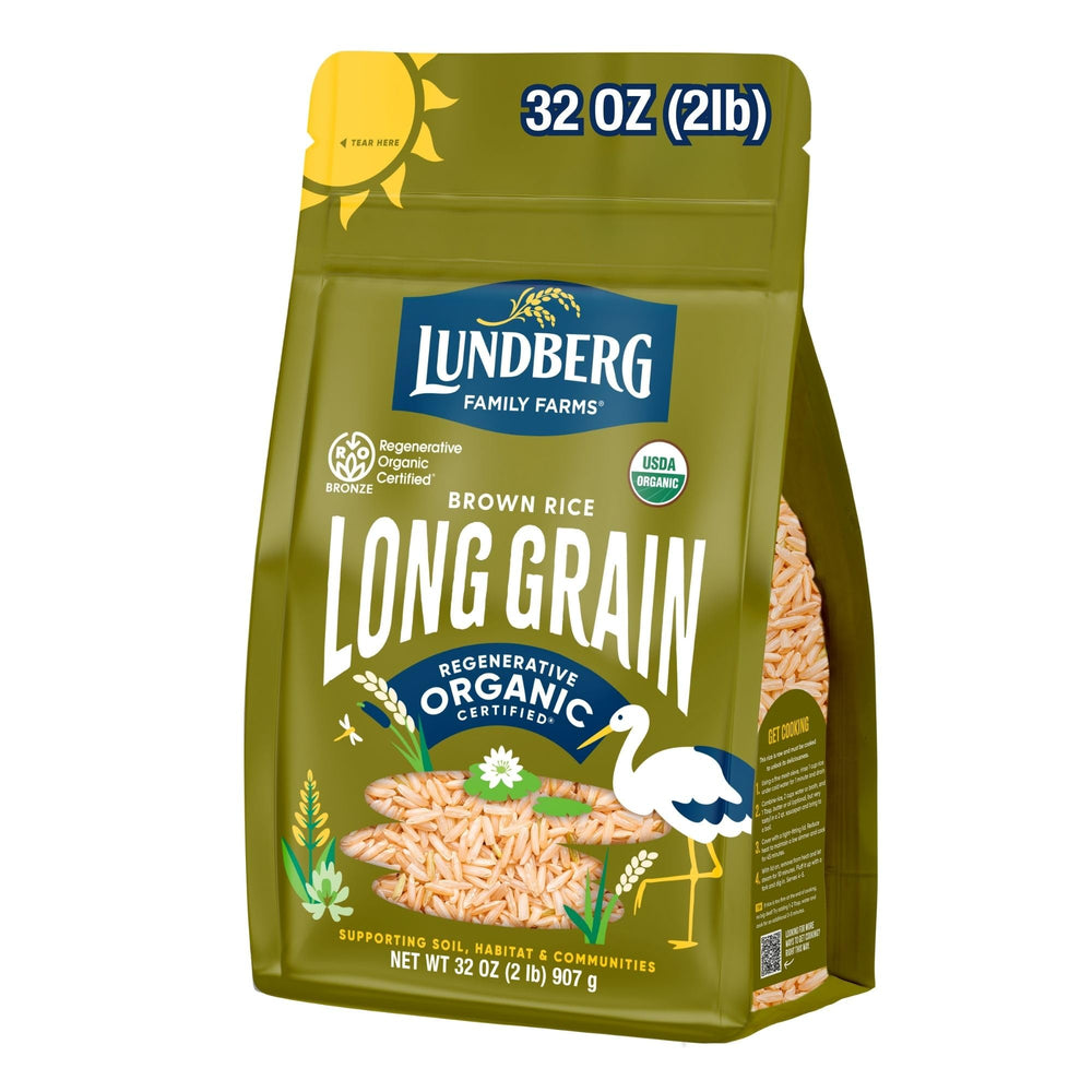 Lundberg regenerative organic brown rice long grain packaging highlights organic and kosher quality.