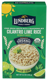 Lundberg Rice Pilaf White Cilantro Lime packaging front highlighting organic ingredients for easy weeknight meals.