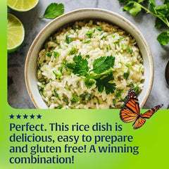 Lundberg Rice Pilaf White Cilantro Lime plated dish with fresh cilantro for serving ideas.