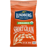 Lundberg short-grain brown rice in a bulk bag, highlighting its organic, versatile pantry staple.
