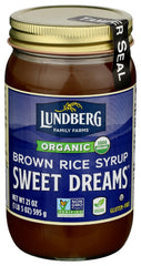 Lundberg Sweet Dreams brown rice syrup bottle pouring for baking versatility