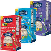 Lundberg Thin Brown Rice Cakes, lightly salted on a plate, ready for a quick gluten-free snack.