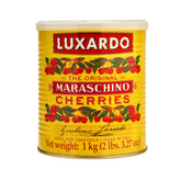Luxardo Gourmet Maraschino Cherries in can front view, premium cocktail garnish