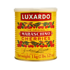 Luxardo Gourmet Maraschino Cherries in can front view, premium cocktail garnish