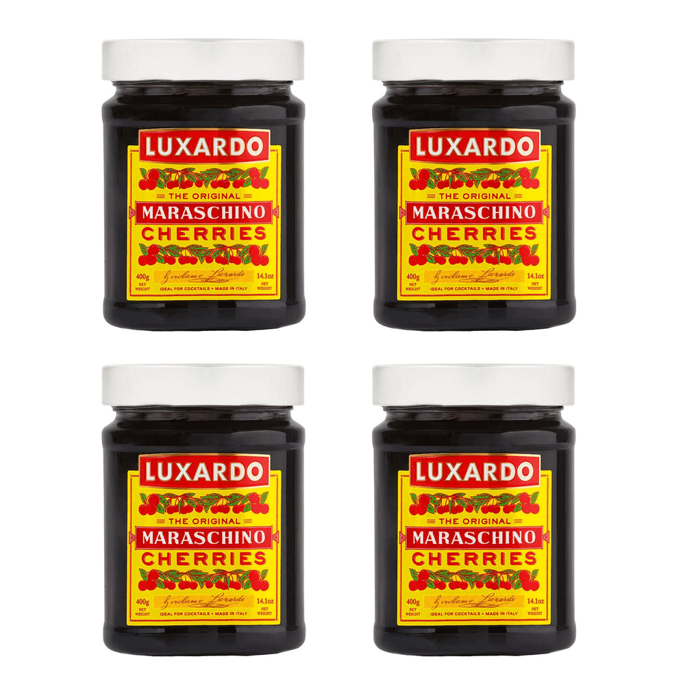 Luxardo original maraschino cherries in four-pack jar close-up for premium cocktails.