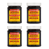 Luxardo original maraschino cherries in four-pack jar close-up for premium cocktails.