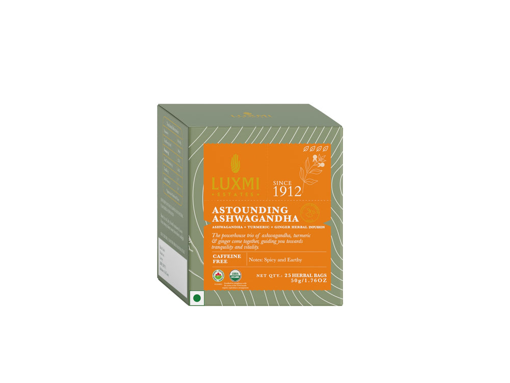 Luxmi Estates Ashwagandha Turmeric teabags packaging with eco-friendly design and natural ingredients.