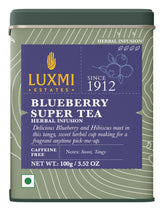 Luxmi Estates Blueberry Herbal tea packaging showcases organic, eco-conscious design.