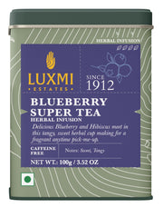 Luxmi Estates Blueberry Herbal tea packaging showcases organic, eco-conscious design.