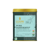 Luxmi Estates Purely Peppermint tin front, refreshing aroma for soothing evenings.