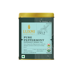 Luxmi Estates Purely Peppermint tin front, refreshing aroma for soothing evenings.