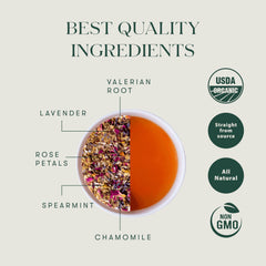 Brewed Luxmi Valerian Dream cup with gentle chamomile and lavender aroma.