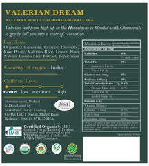 Open Luxmi Estates Valerian Dream tea pack revealing herbal ingredients for relaxation.