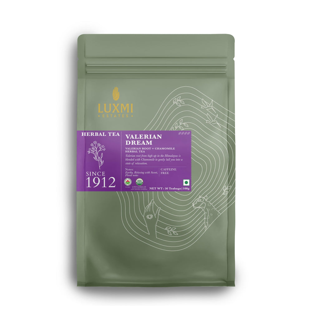 Luxmi Estates Valerian Dream tea packaging highlights organic blend for relaxation.