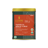 LUXMI Estates Vanilla Spice Chai tin label highlights premium blend for cozy evenings.
