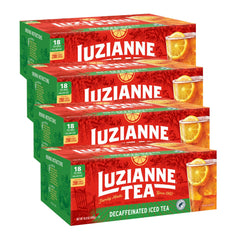 Luzianne Unsweetened Decaf Iced Tea Bags on the box front for caffeine-free home brewing.