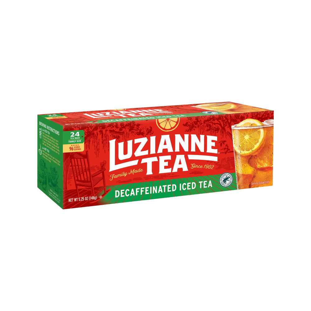 Luzianne Decaf Iced Tea Bags in a 24-count box for gatherings