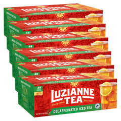 Luzianne decaffeinated iced tea bags front view, ideal for family brewing.