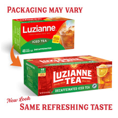 Pouring Luzianne decaffeinated iced tea into a glass for refreshing serving.