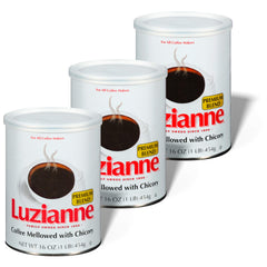 Luzianne Premium Blend canister preserves freshness for bold, smooth coffee.