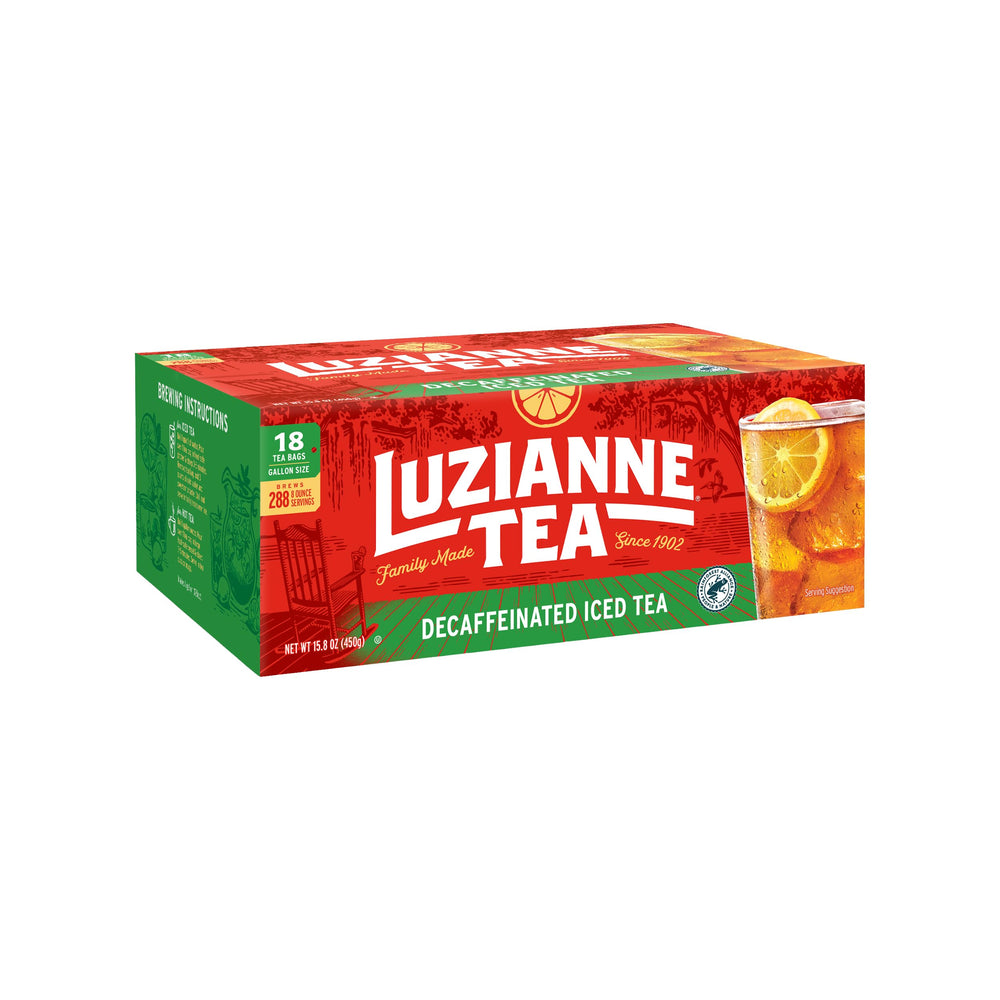 Luzianne unsweetened decaf iced tea bags in gallon box, convenient caffeine-free refreshment.