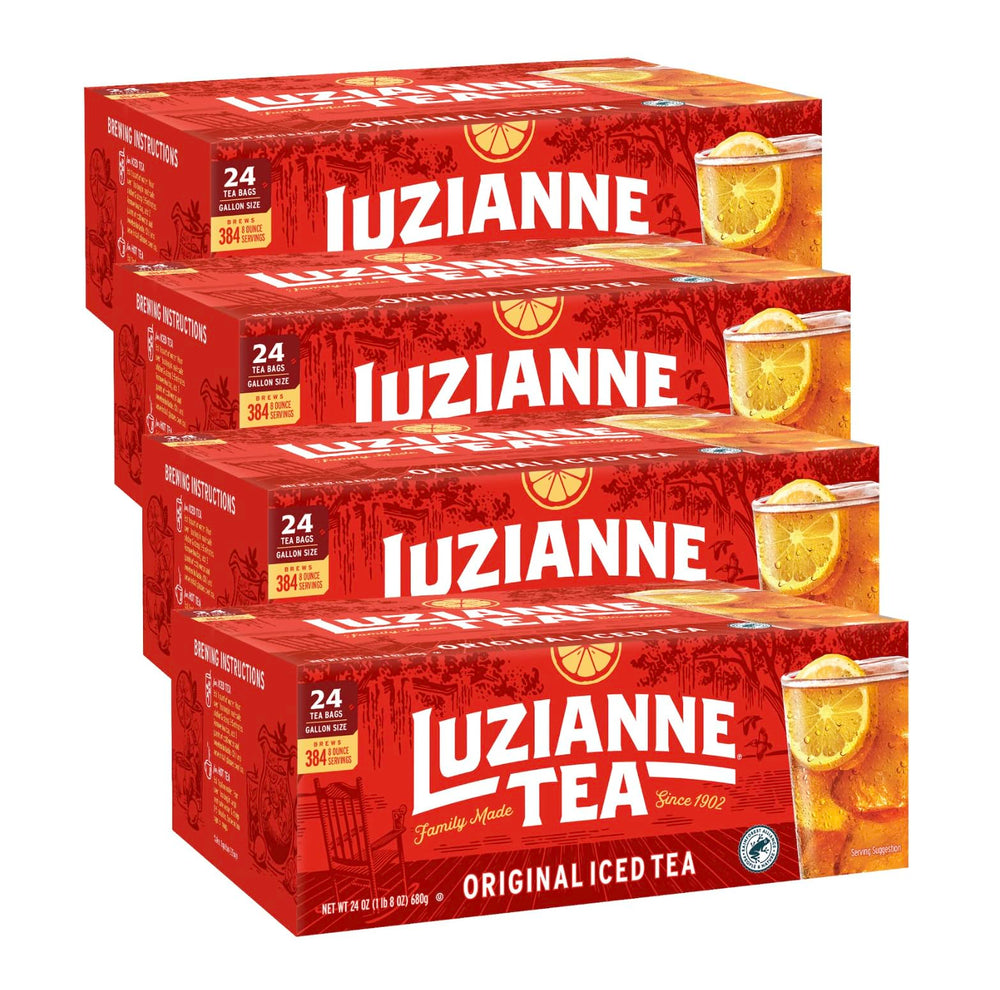 Luzianne unsweetened iced tea bags in a gallon-size box, ideal for big-batch brewing.