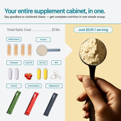 LyfeFuel Essentials 50+ superfoods blend displayed with fresh fruit.
