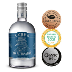 Lyre's Gin Alternative label close-up, showcasing premium non-alcoholic London dry flavor.