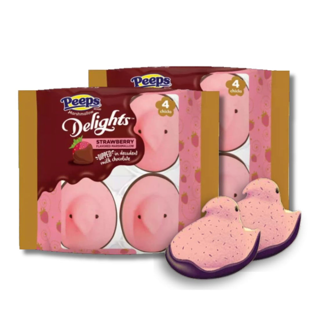 LYZA'S SWEETS & TREATS Peeps Delights strawberry chicks in milk chocolate, two-pack presentation for gifting.