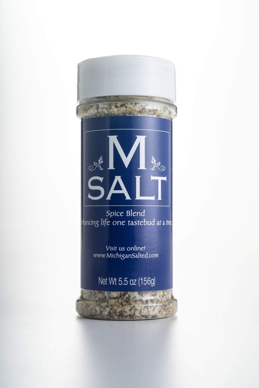 M Salt Michigan Salted Seasoning Salt bottle shows kosher sea salt with garlic and pepper for versatile seasoning