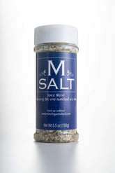 M Salt Michigan Salted Seasoning Salt bottle shows kosher sea salt with garlic and pepper for versatile seasoning