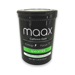 Maax Caffeine Energy Gum pack shot shows 125 mg caffeine for quick focus.