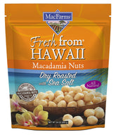MacFarms dry roasted macadamia nuts in a sea salt jar, premium Hawaiian flavor.