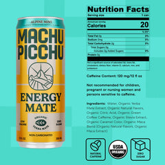 MACHU PICCHU Energy Mate label displays USDA Organic certification